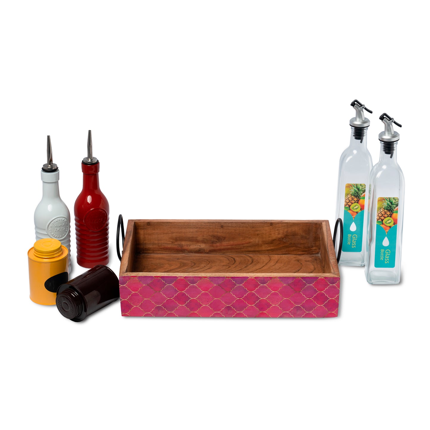 Acacia Wood Tray With Iron Handle