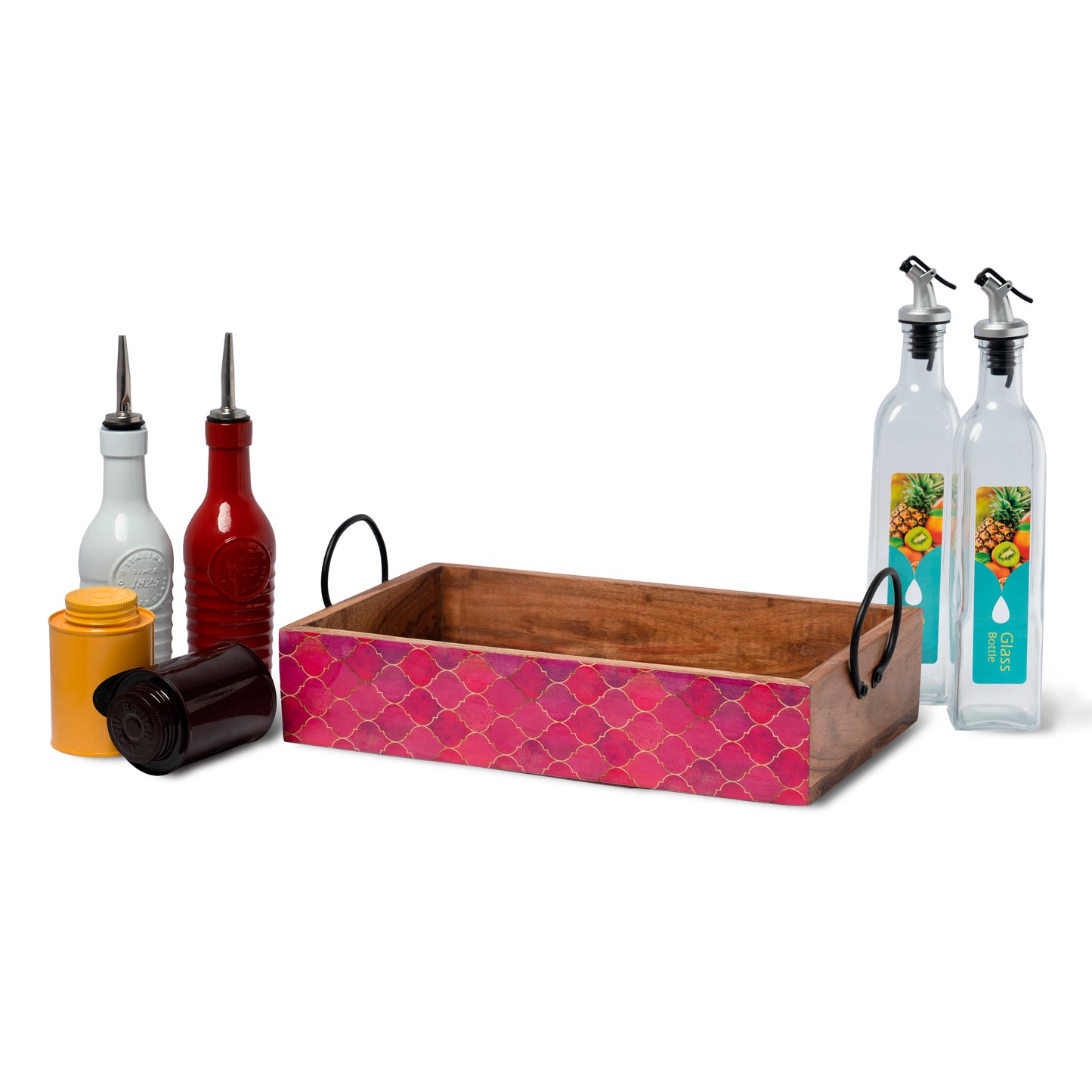 Acacia Wood Tray With Iron Handle