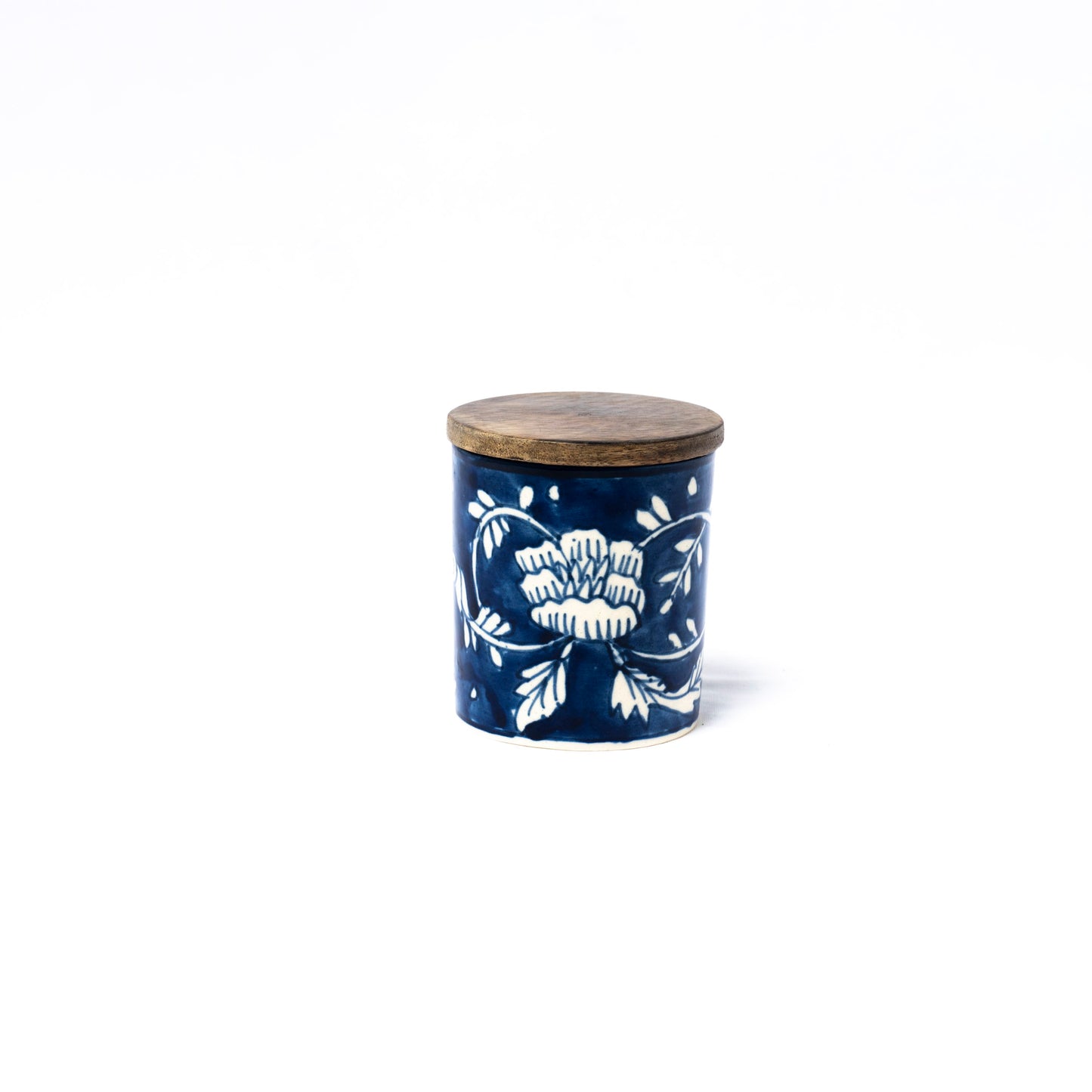 Blue Ceramic Jar With Wood Lid