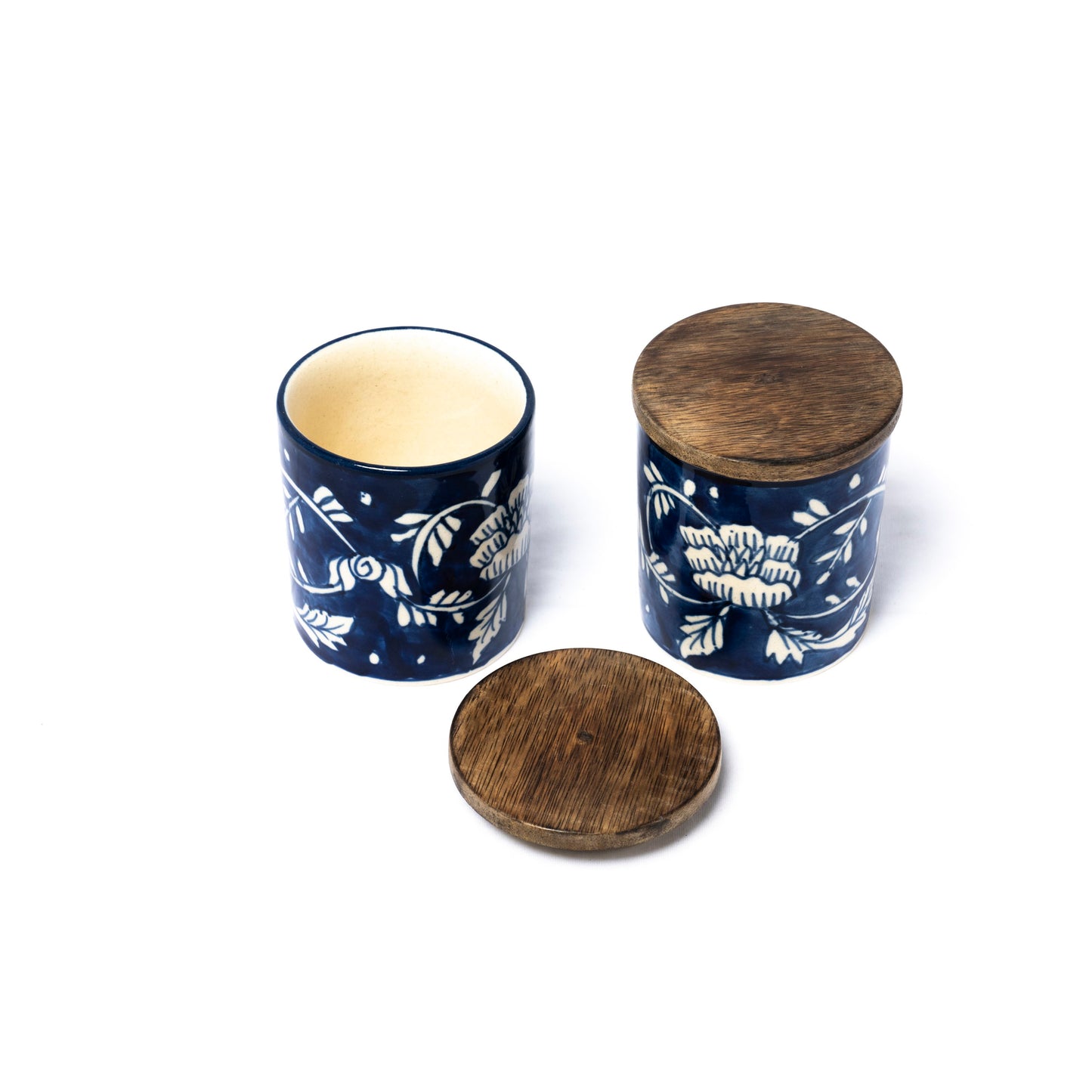 Blue Ceramic Jar With Wood Lid