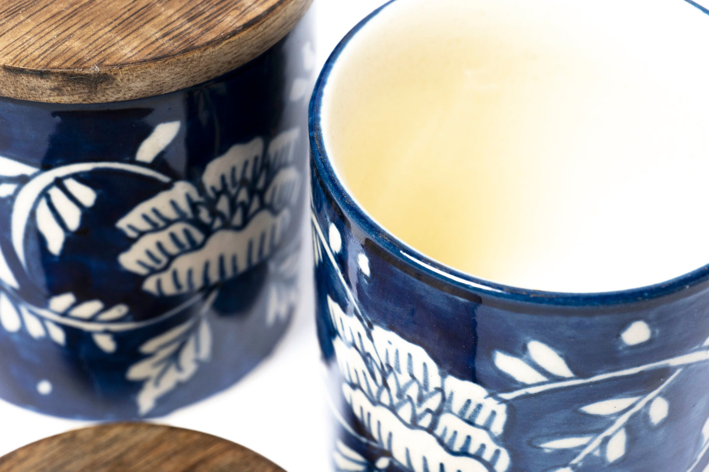 Blue Ceramic Jar With Wood Lid